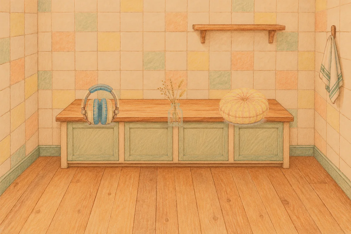 미사 여성전용 페이셜 마사지 안내 그림, 저녁의 부엌 나무 조리대 위에 놓인 헤드폰, 마른 풀을 꽂은 항아리, 둥근 쿠션