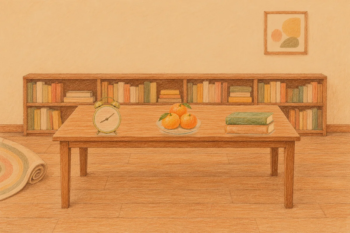 미사 여성전용 브라이덜 케어 안내 그림, 저녁의 서재 긴 책상 위에 놓인 둥근 알람시계, 귤이 담긴 접시, 책 두 권