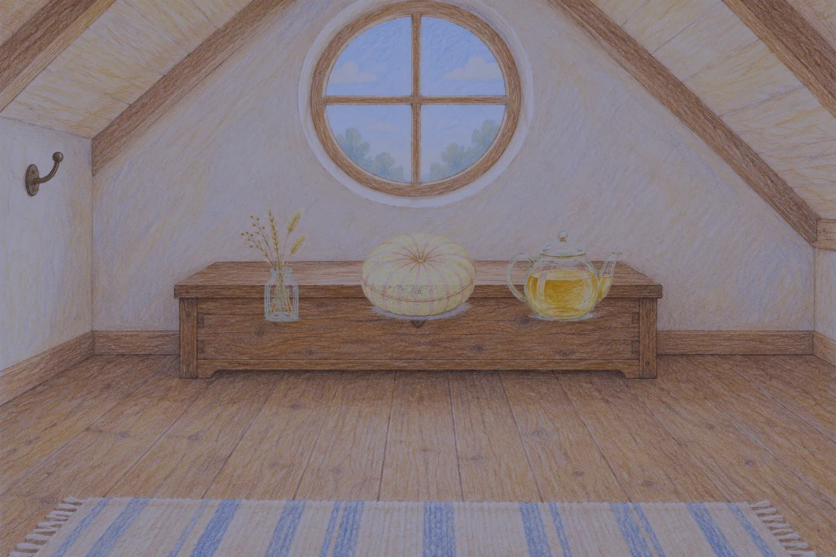 미사 여성전용 샵 마사지 안내 그림, 밤의 다락방 나무 궤짝 위에 놓인 마른 풀을 꽂은 항아리, 둥근 쿠션, 유리 티포트