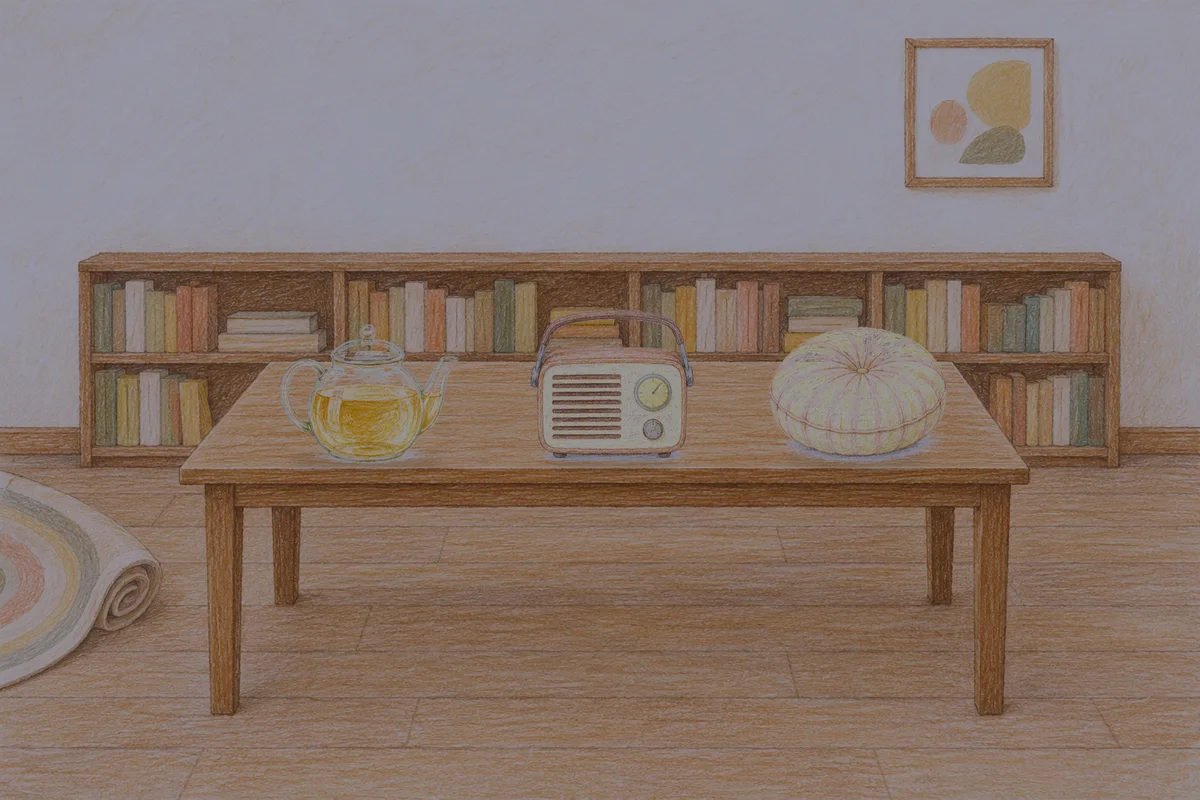 미사 여성전용 가격 마사지 안내 그림, 밤의 서재 긴 책상 위에 놓인 유리 티포트, 작은 라디오, 둥근 쿠션