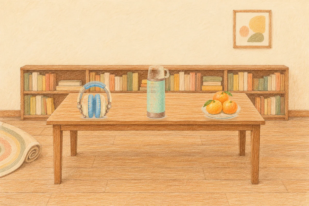 미사 여성전용 출장 마사지 안내 그림, 낮의 서재 긴 책상 위에 놓인 헤드폰, 보온병, 귤이 담긴 접시