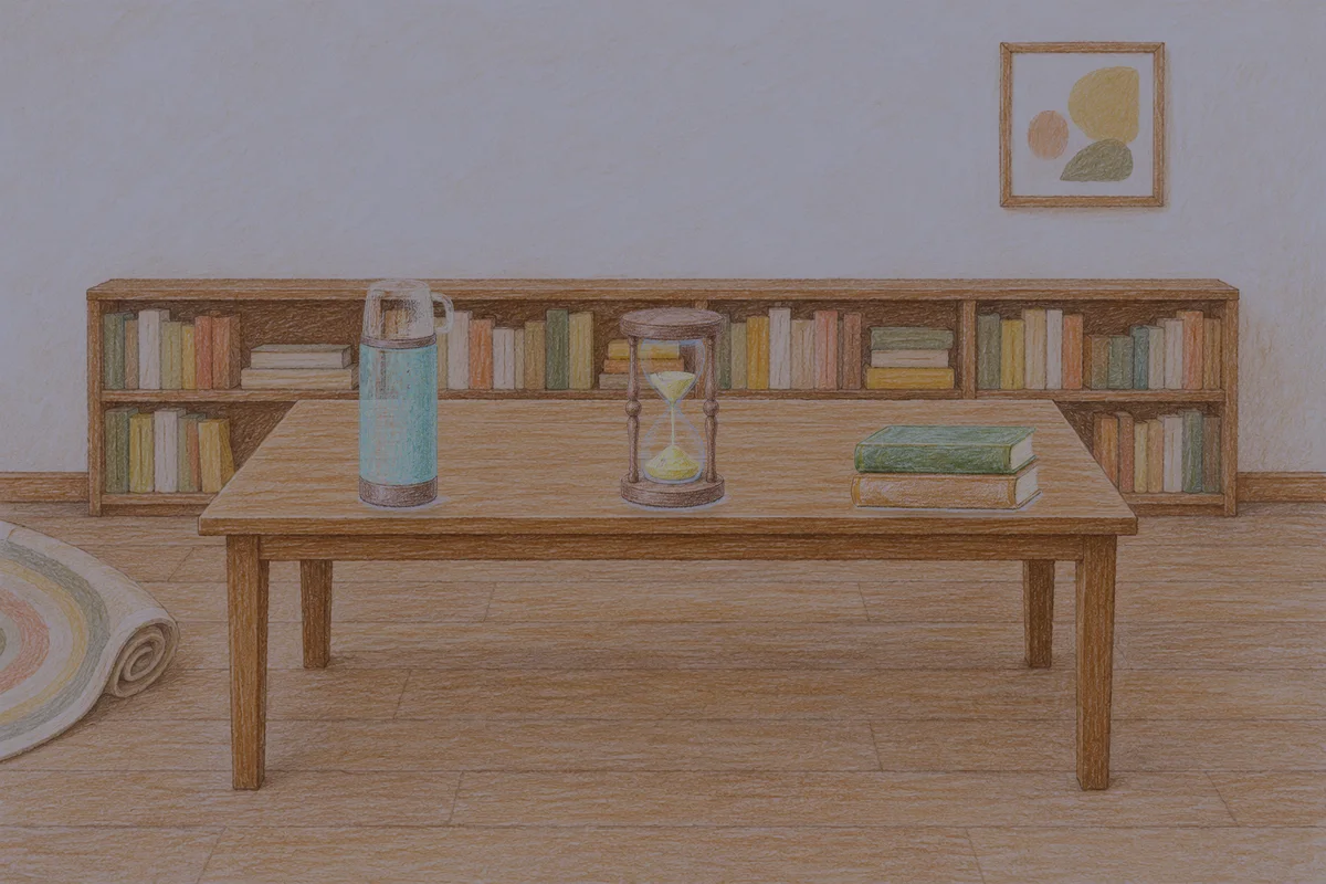 미사 여성전용 출장 마사지 후기 안내 그림, 밤의 서재 긴 책상 위에 놓인 보온병, 모래시계, 책 두 권