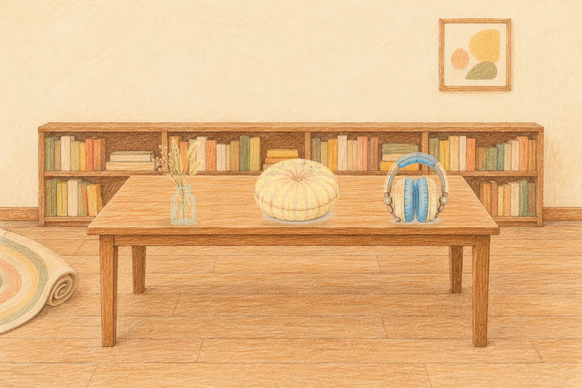 신사동 여성전용 아로마 마사지 안내 그림, 낮의 서재 긴 책상 위에 놓인 마른 풀을 꽂은 항아리, 둥근 쿠션, 헤드폰
