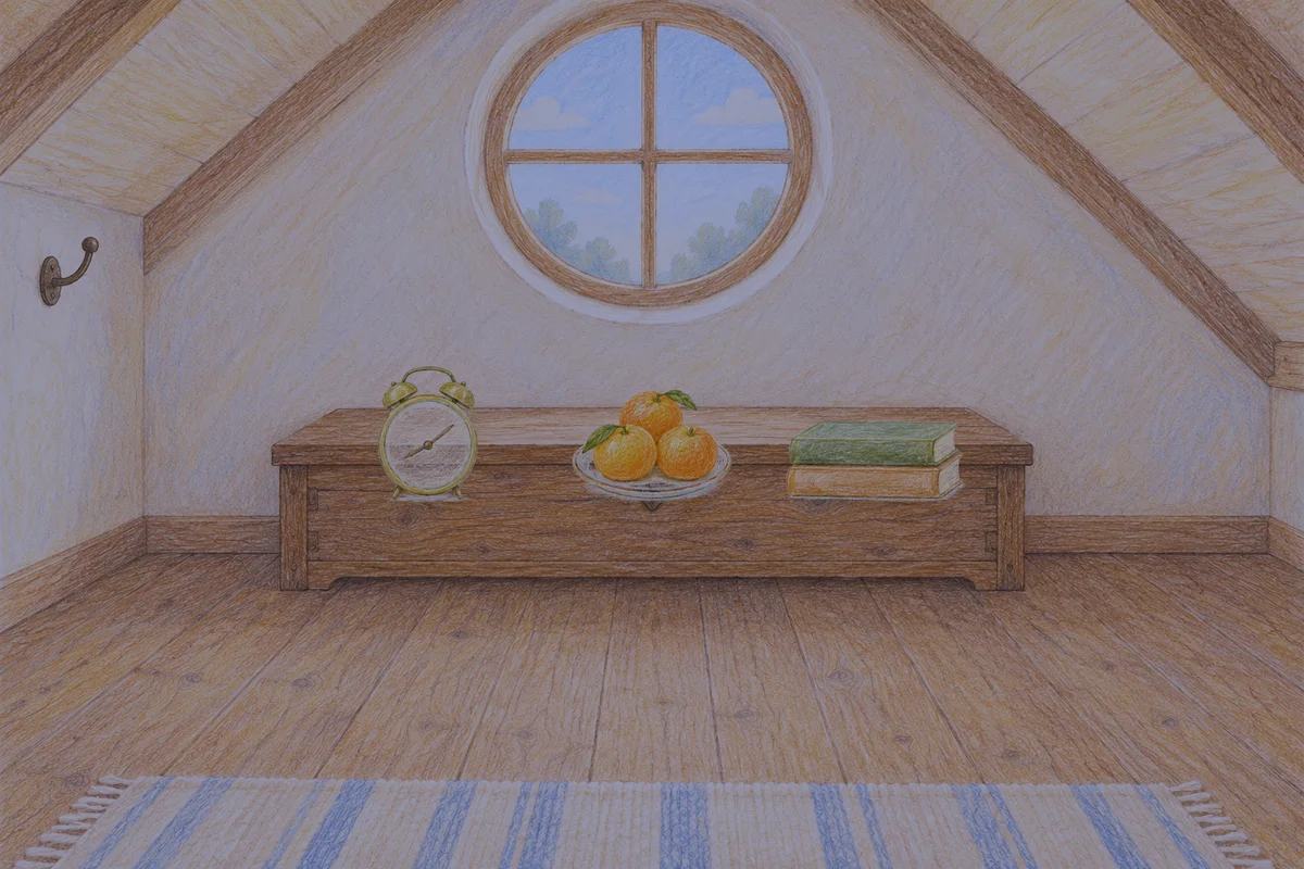 신사동 여성전용 프리미엄 스웨디시 안내 그림, 밤의 다락방 나무 궤짝 위에 놓인 둥근 알람시계, 귤이 담긴 접시, 책 두 권