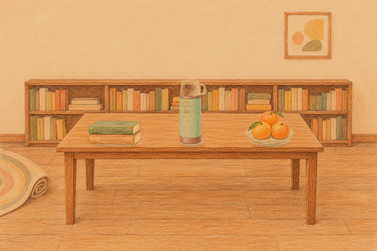 신사동 여성전용 아로마 마사지 후기 안내 그림, 저녁의 서재 긴 책상 위에 놓인 책 두 권, 보온병, 귤이 담긴 접시