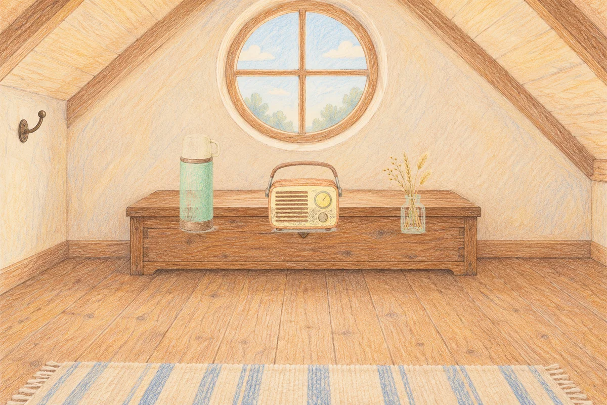 신사동 여성전용 경락마사지 안내 그림, 낮의 다락방 나무 궤짝 위에 놓인 보온병, 작은 라디오, 마른 풀을 꽂은 항아리