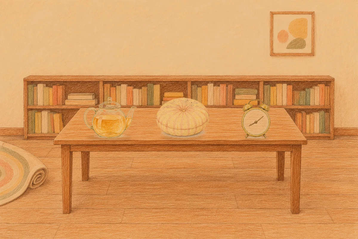 신사동 여성전용 경락 마사지 안내 그림, 저녁의 서재 긴 책상 위에 놓인 유리 티포트, 둥근 쿠션, 둥근 알람시계