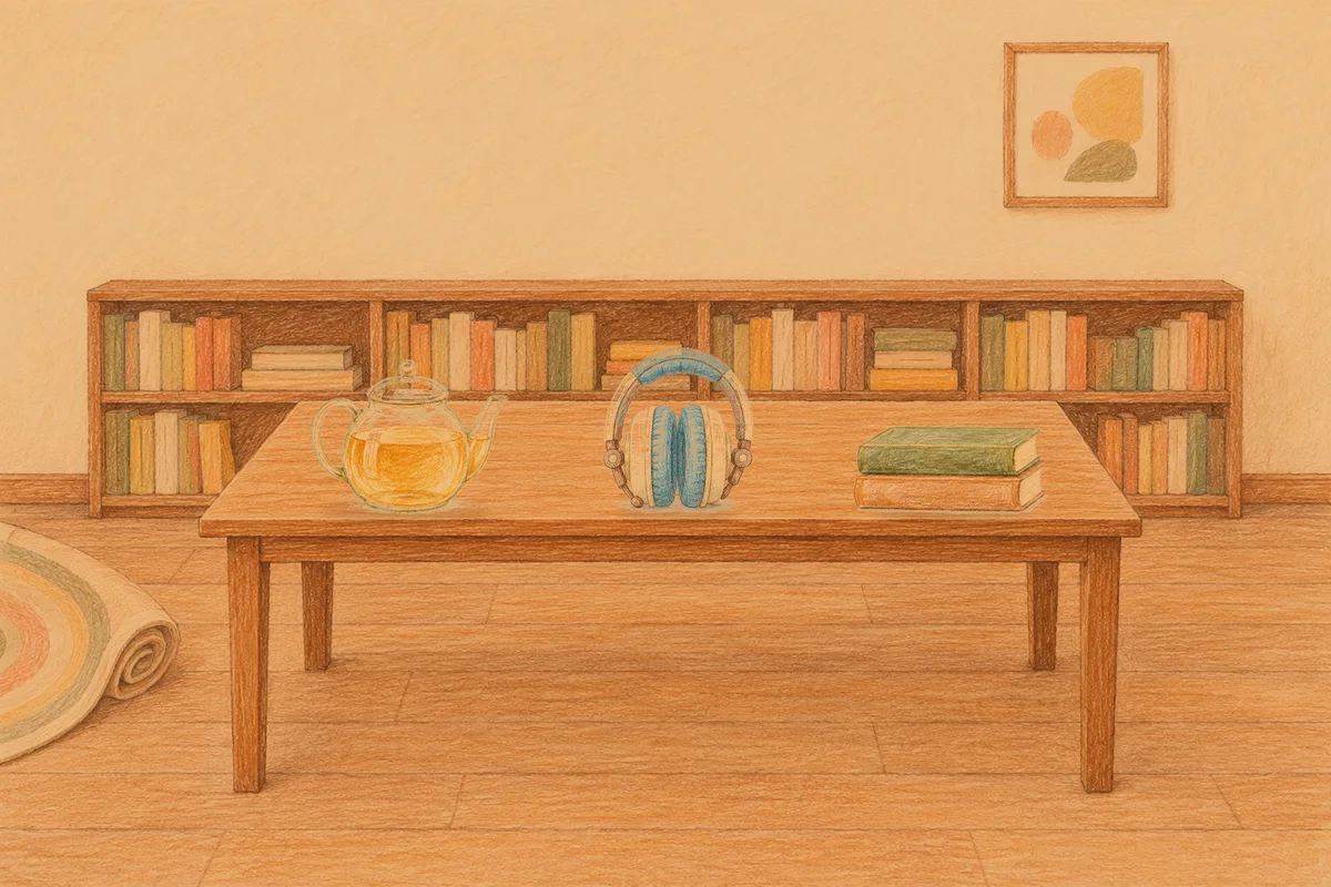 신사동 여성전용 경락마사지 후기 안내 그림, 저녁의 서재 긴 책상 위에 놓인 유리 티포트, 헤드폰, 책 두 권