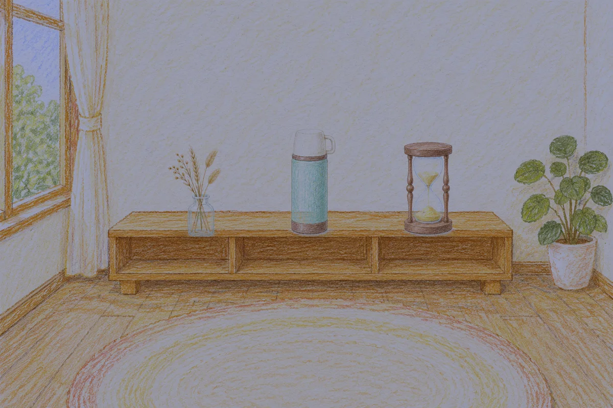 신사동 여성전용 경락 가격 안내 그림, 밤의 창가 낮은 선반 위에 놓인 마른 풀을 꽂은 항아리, 보온병, 모래시계