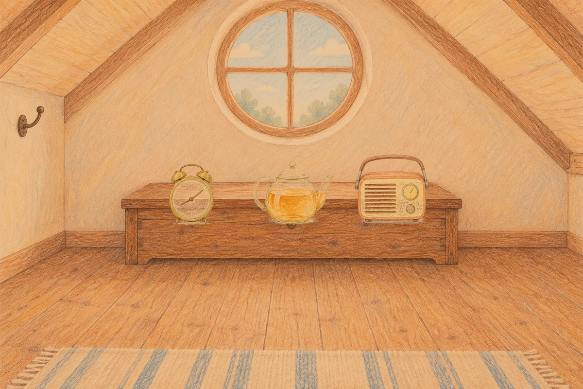 신사동 여성전용 방문 홈케어 안내 그림, 저녁의 다락방 나무 궤짝 위에 놓인 둥근 알람시계, 유리 티포트, 작은 라디오