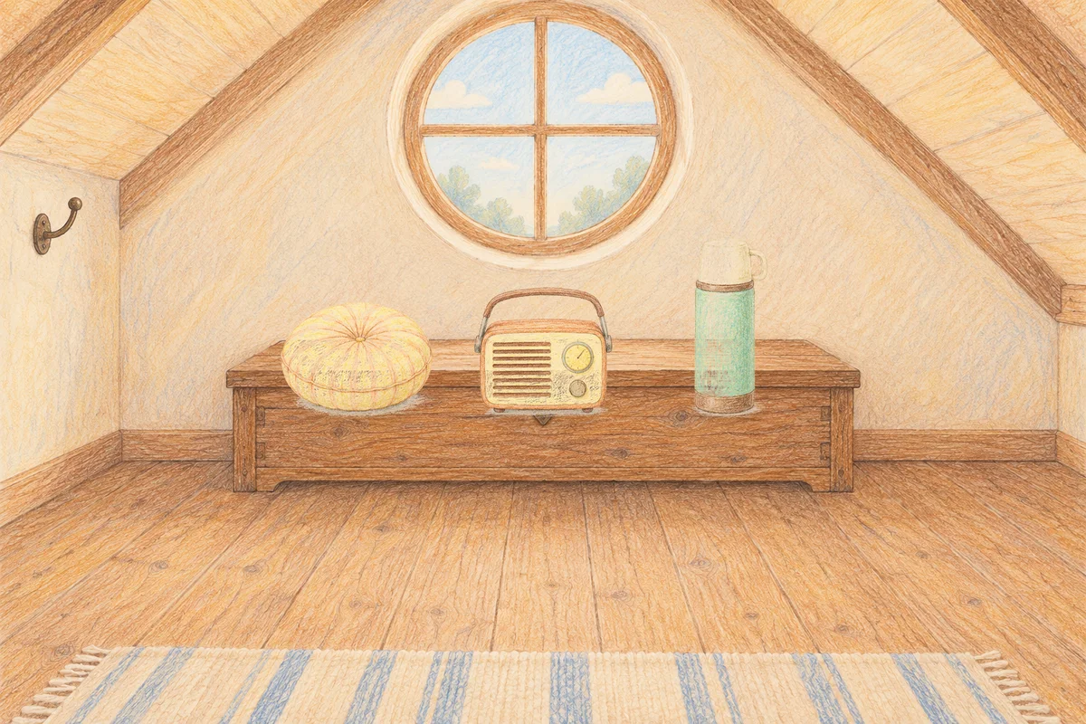 신사동 여성전용 1인샵 안내 그림, 낮의 다락방 나무 궤짝 위에 놓인 둥근 쿠션, 작은 라디오, 보온병
