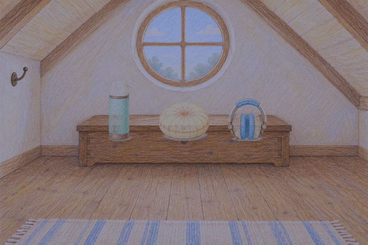 신사동 여성전용 프라이빗 케어 안내 그림, 밤의 다락방 나무 궤짝 위에 놓인 보온병, 둥근 쿠션, 헤드폰