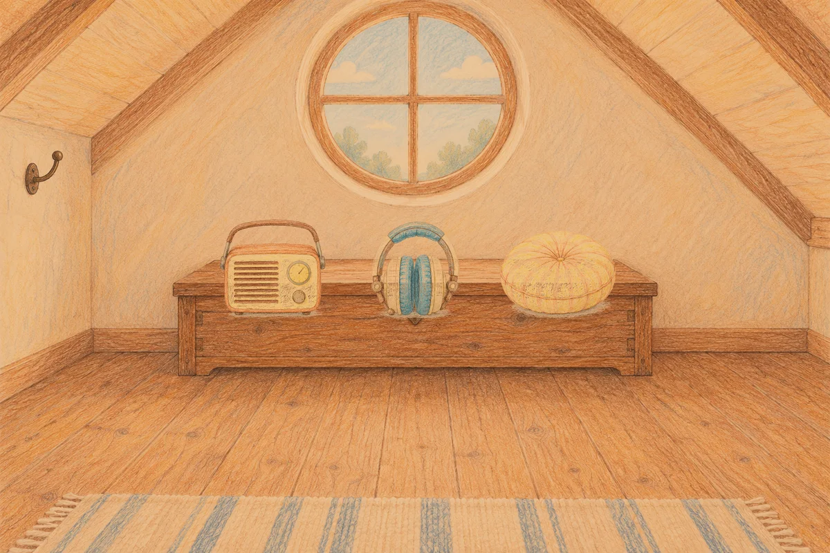 신사동 여성전용 발관리 안내 그림, 저녁의 다락방 나무 궤짝 위에 놓인 작은 라디오, 헤드폰, 둥근 쿠션