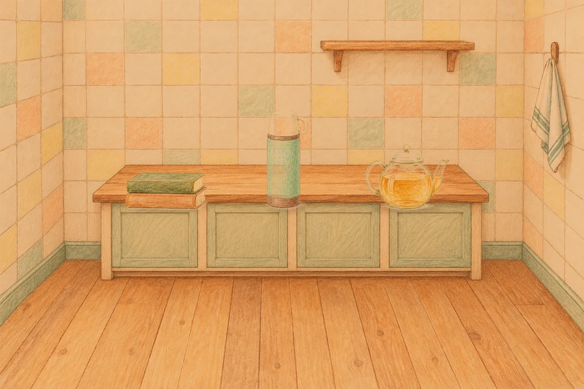 신사동 여성전용 발 부종 케어 안내 그림, 저녁의 부엌 나무 조리대 위에 놓인 책 두 권, 보온병, 유리 티포트