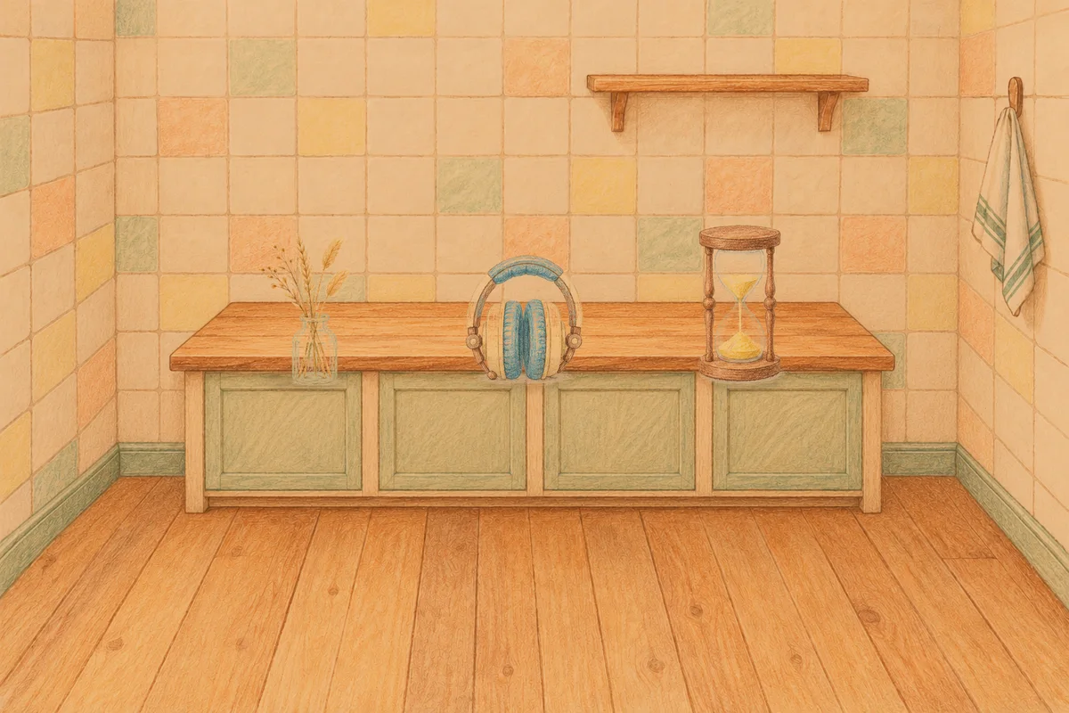 신사동 여성전용 림프 마사지 안내 그림, 저녁의 부엌 나무 조리대 위에 놓인 마른 풀을 꽂은 항아리, 헤드폰, 모래시계