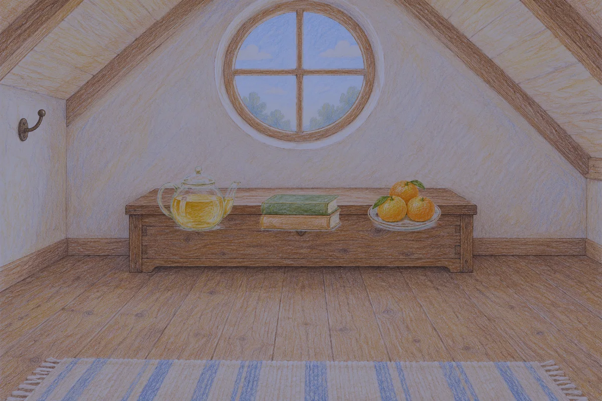 신사동 여성전용 부종 케어 안내 그림, 밤의 다락방 나무 궤짝 위에 놓인 유리 티포트, 책 두 권, 귤이 담긴 접시