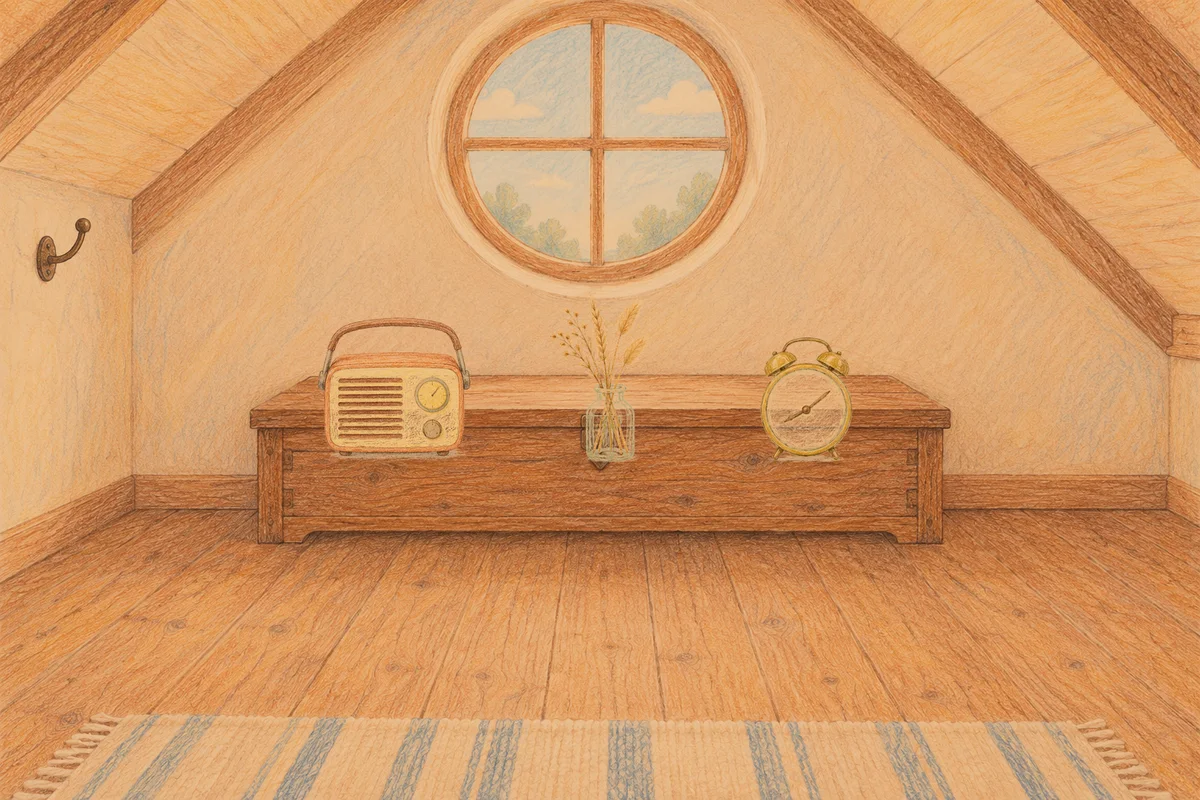신사동 여성전용 셀룰라이트 관리 안내 그림, 저녁의 다락방 나무 궤짝 위에 놓인 작은 라디오, 마른 풀을 꽂은 항아리, 둥근 알람시계