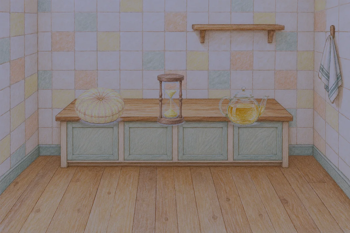 신사동 여성전용 바디 케어 안내 그림, 밤의 부엌 나무 조리대 위에 놓인 둥근 쿠션, 모래시계, 유리 티포트