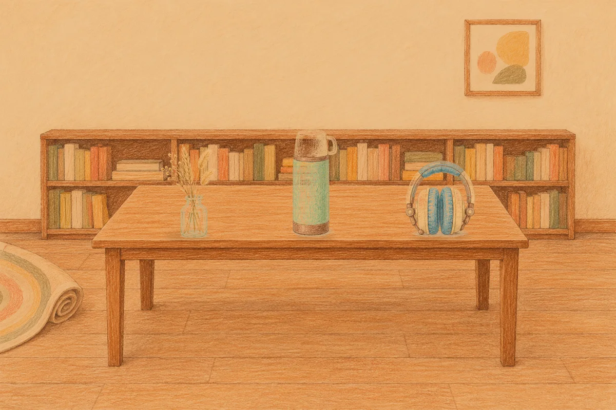 신사동 여성전용 슬리밍 마사지 안내 그림, 저녁의 서재 긴 책상 위에 놓인 마른 풀을 꽂은 항아리, 보온병, 헤드폰