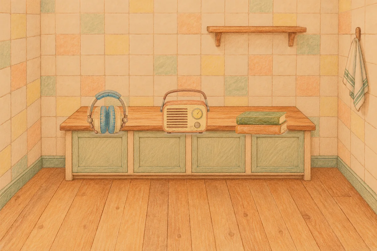 신사동 여성전용 디톡스 마사지 안내 그림, 저녁의 부엌 나무 조리대 위에 놓인 헤드폰, 작은 라디오, 책 두 권