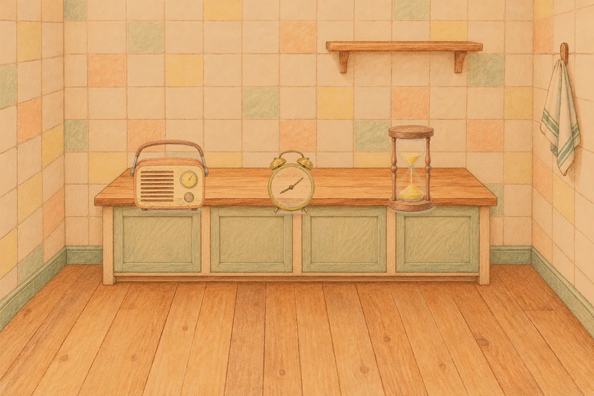 신사동 여성전용 등 마사지 안내 그림, 저녁의 부엌 나무 조리대 위에 놓인 작은 라디오, 둥근 알람시계, 모래시계