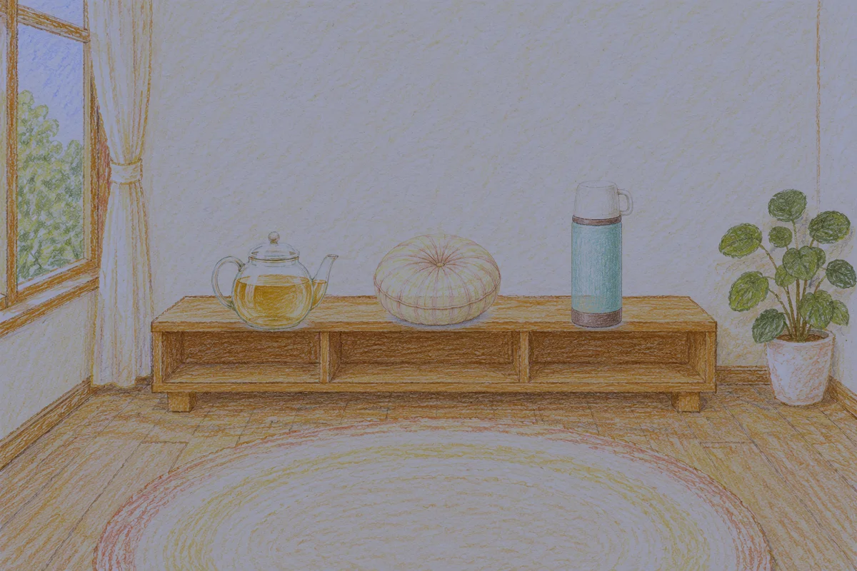 신사동 여성전용 수면 케어 안내 그림, 밤의 창가 낮은 선반 위에 놓인 유리 티포트, 둥근 쿠션, 보온병