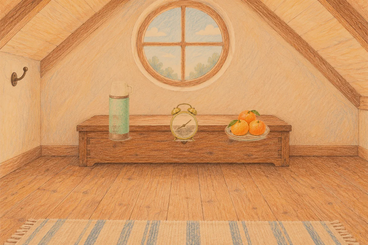 신사동 여성전용 스트레스 케어 안내 그림, 저녁의 다락방 나무 궤짝 위에 놓인 보온병, 둥근 알람시계, 귤이 담긴 접시