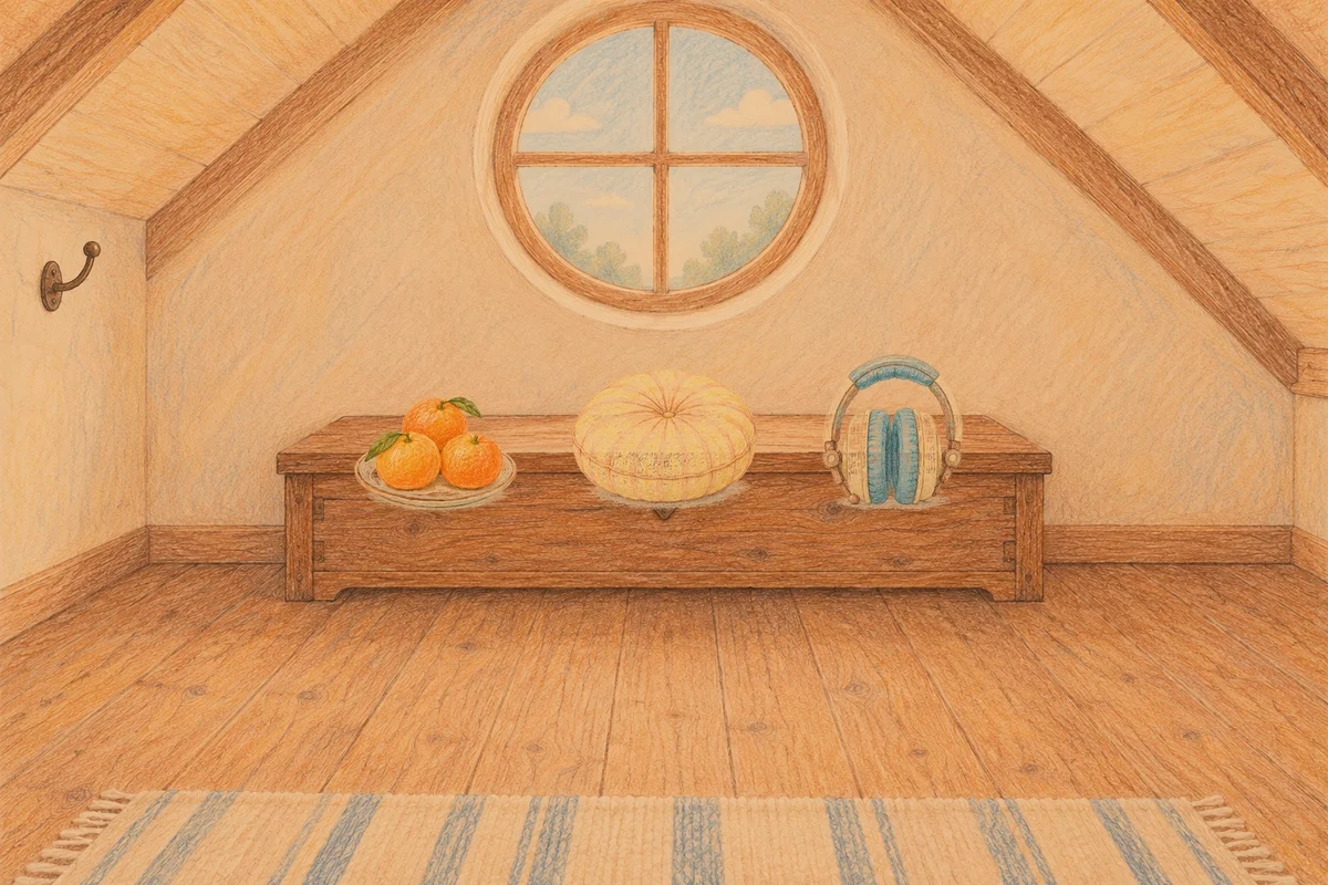 신사동 여성전용 피로 회복 마사지 안내 그림, 저녁의 다락방 나무 궤짝 위에 놓인 귤이 담긴 접시, 둥근 쿠션, 헤드폰