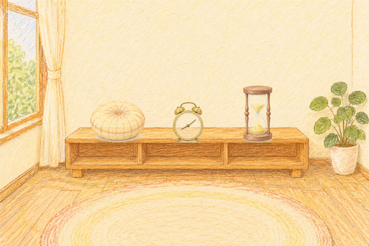 신사동 여성전용 페이셜 마사지 안내 그림, 낮의 창가 낮은 선반 위에 놓인 둥근 쿠션, 둥근 알람시계, 모래시계