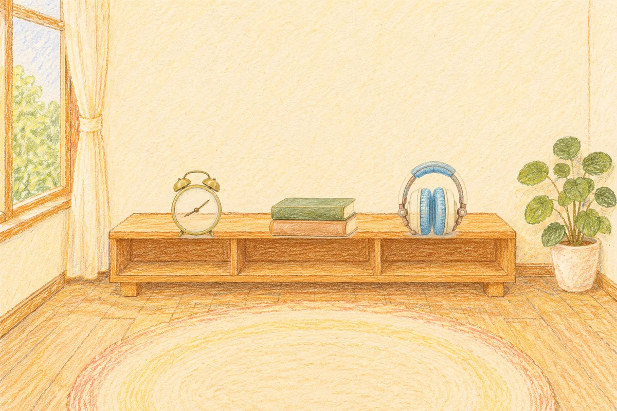 신사동 여성전용 림프 페이셜 안내 그림, 낮의 창가 낮은 선반 위에 놓인 둥근 알람시계, 책 두 권, 헤드폰