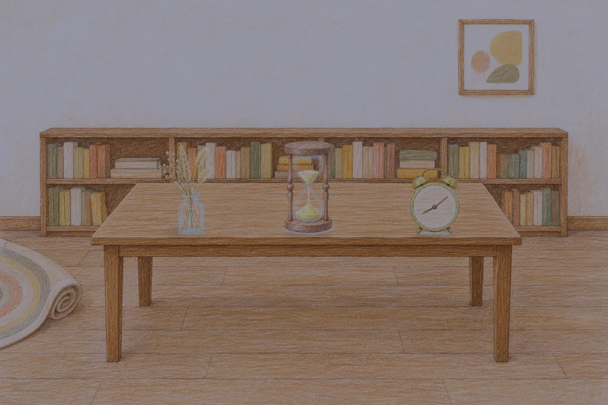 신사동 여성전용 안티에이징 케어 안내 그림, 밤의 서재 긴 책상 위에 놓인 마른 풀을 꽂은 항아리, 모래시계, 둥근 알람시계