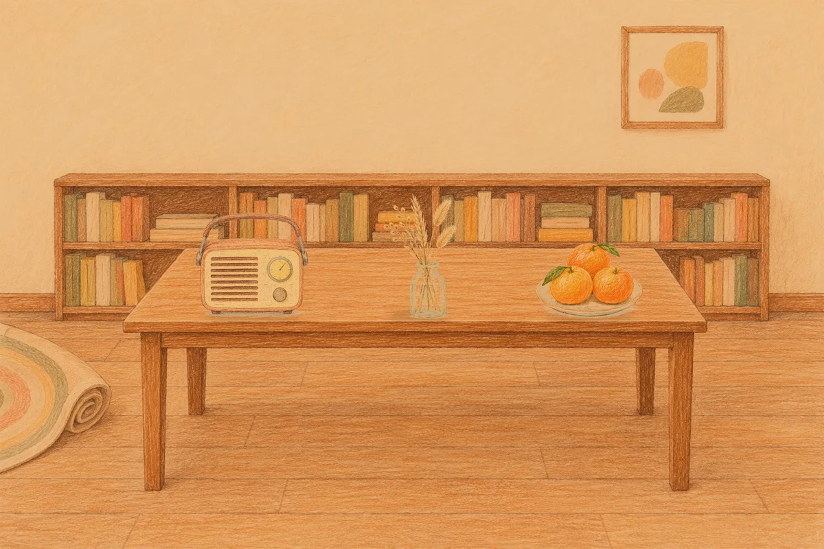 신사동 여성전용 브라이덜 케어 안내 그림, 저녁의 서재 긴 책상 위에 놓인 작은 라디오, 마른 풀을 꽂은 항아리, 귤이 담긴 접시