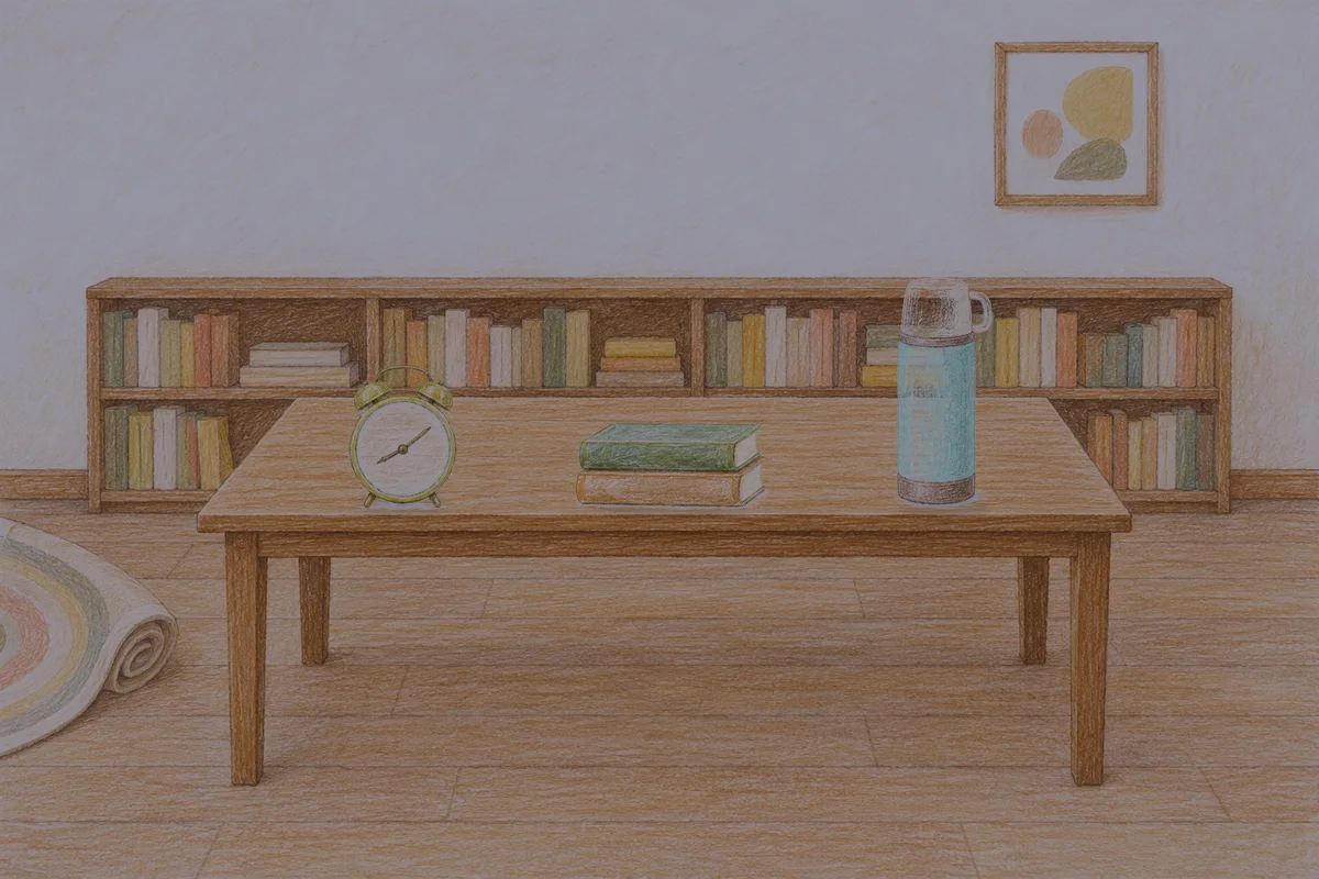 신사동 여성전용 피부 관리 안내 그림, 밤의 서재 긴 책상 위에 놓인 둥근 알람시계, 책 두 권, 보온병