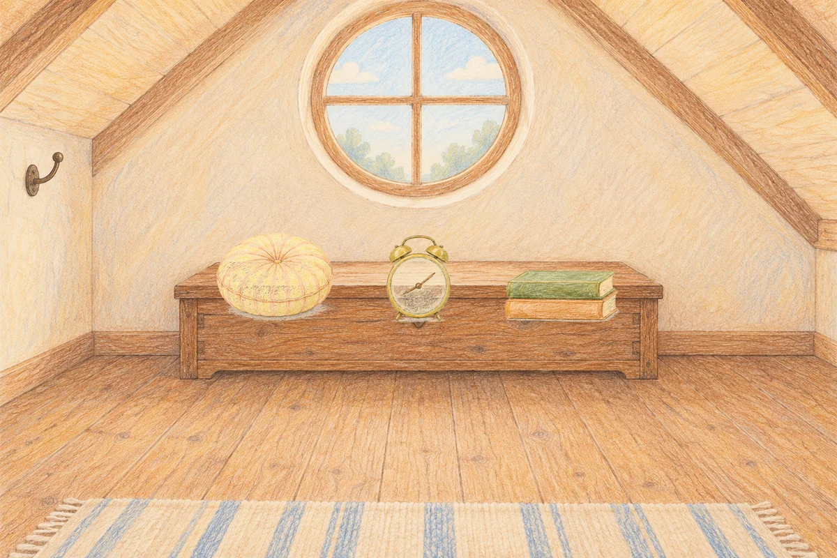 신사동 여성전용 가격 마사지 안내 그림, 낮의 다락방 나무 궤짝 위에 놓인 둥근 쿠션, 둥근 알람시계, 책 두 권