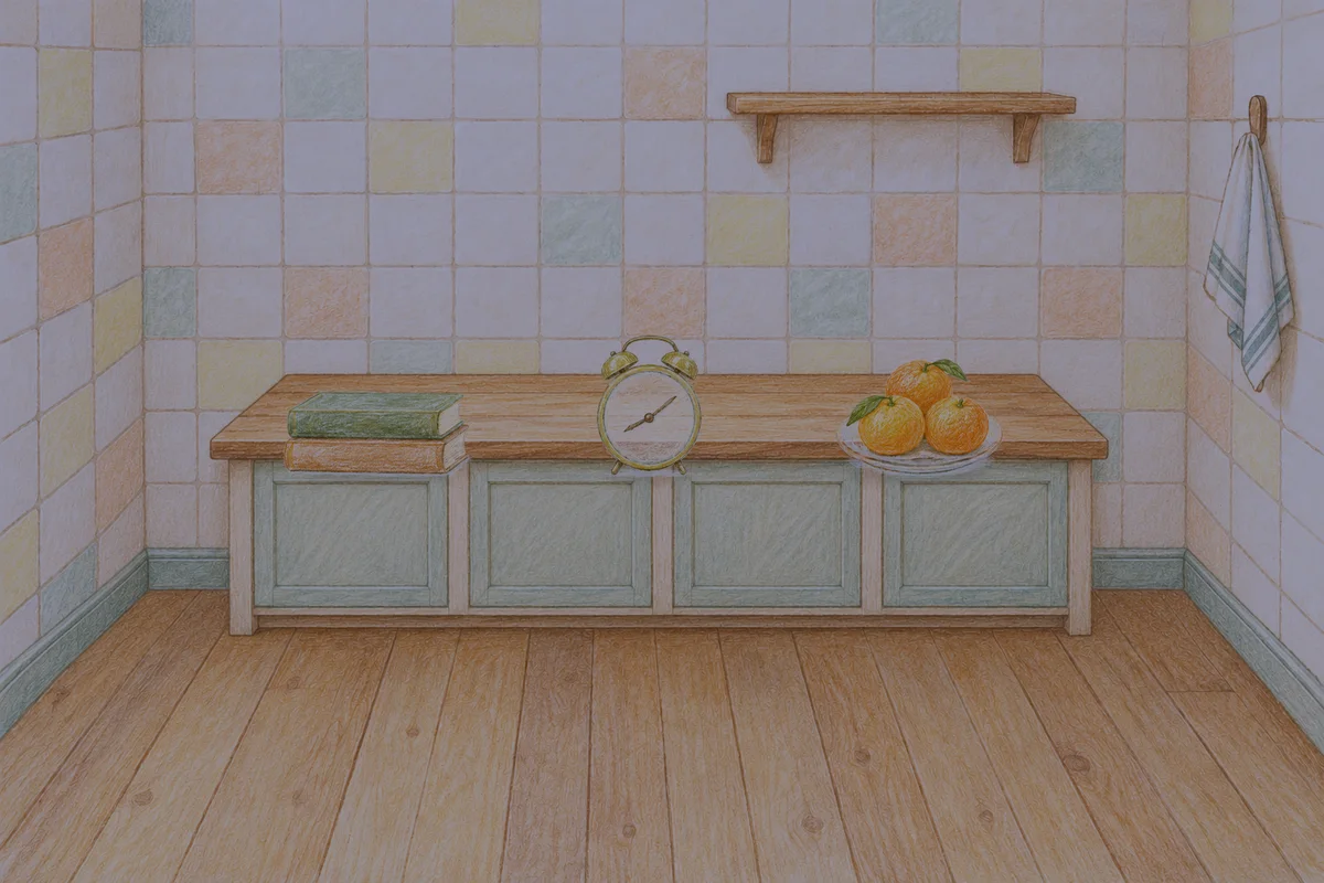 신사동 여성전용 출장 마사지 후기 안내 그림, 밤의 부엌 나무 조리대 위에 놓인 책 두 권, 둥근 알람시계, 귤이 담긴 접시