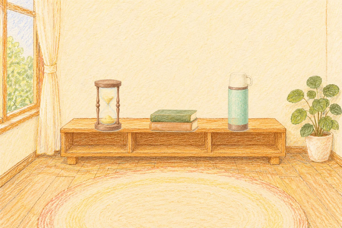 논현동 여성전용 라벤더 아로마 안내 그림, 낮의 창가 낮은 선반 위에 놓인 모래시계, 책 두 권, 보온병