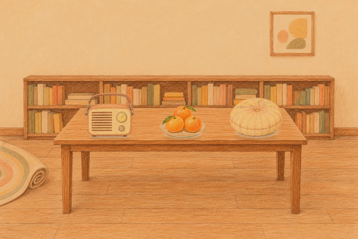 논현동 여성전용 스웨디시 후기 안내 그림, 저녁의 서재 긴 책상 위에 놓인 작은 라디오, 귤이 담긴 접시, 둥근 쿠션