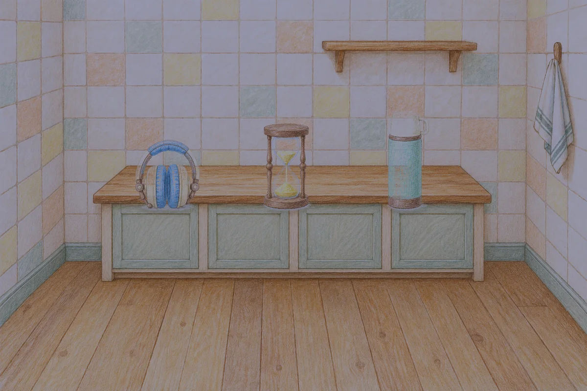 논현동 여성전용 아로마 마사지 후기 안내 그림, 밤의 부엌 나무 조리대 위에 놓인 헤드폰, 모래시계, 보온병