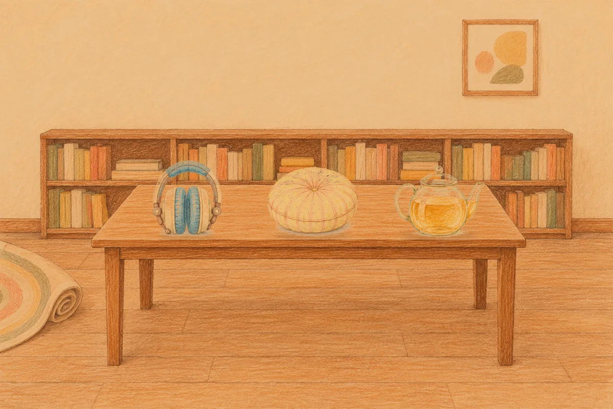논현동 여성전용 아로마 가격 안내 그림, 저녁의 서재 긴 책상 위에 놓인 헤드폰, 둥근 쿠션, 유리 티포트