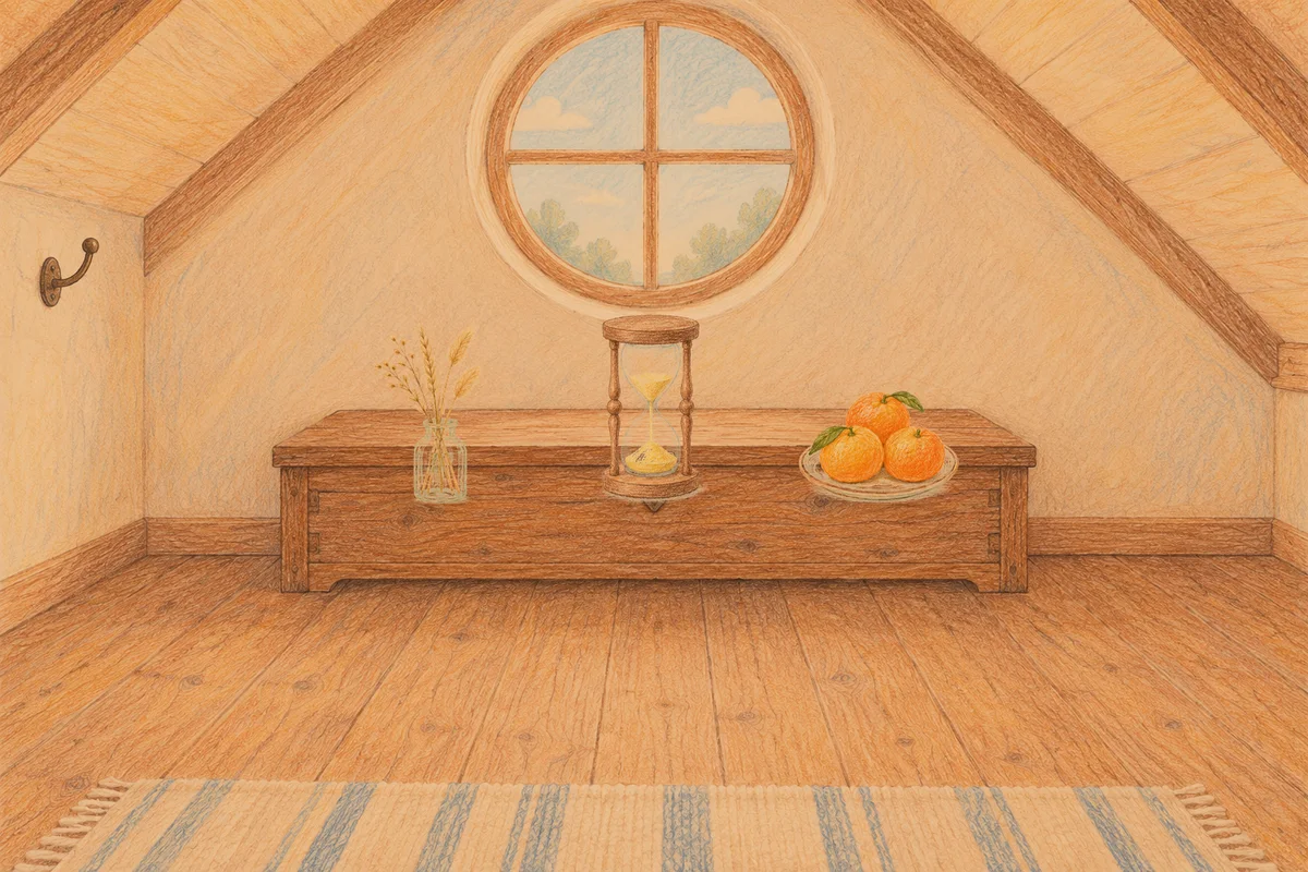 논현동 여성전용 스웨디시 추천 안내 그림, 저녁의 다락방 나무 궤짝 위에 놓인 마른 풀을 꽂은 항아리, 모래시계, 귤이 담긴 접시
