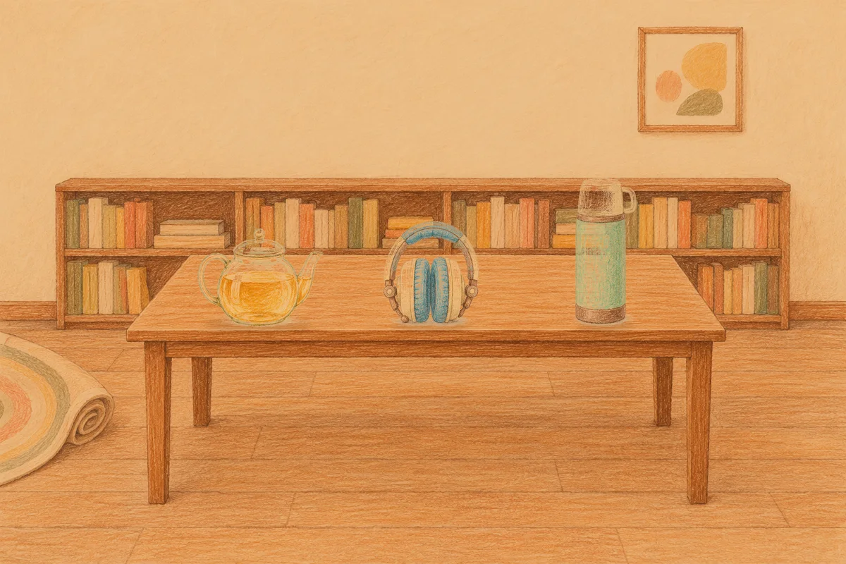 논현동 여성전용 아로마 추천 안내 그림, 저녁의 서재 긴 책상 위에 놓인 유리 티포트, 헤드폰, 보온병