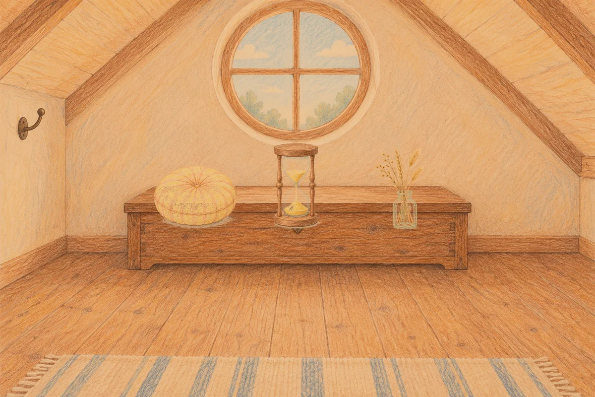 논현동 여성전용 홈케어 안내 그림, 저녁의 다락방 나무 궤짝 위에 놓인 둥근 쿠션, 모래시계, 마른 풀을 꽂은 항아리