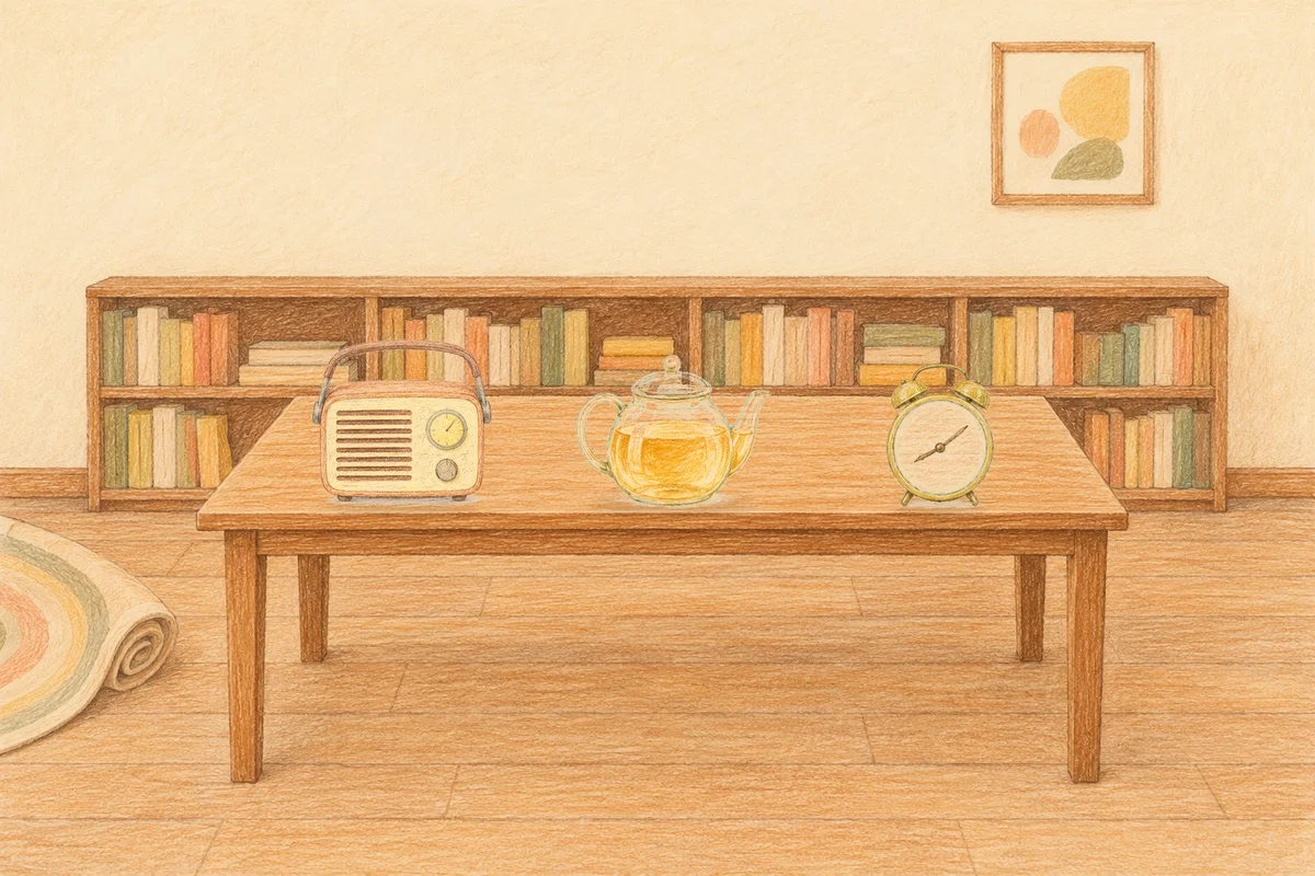 논현동 여성전용 방문 홈케어 안내 그림, 낮의 서재 긴 책상 위에 놓인 작은 라디오, 유리 티포트, 둥근 알람시계