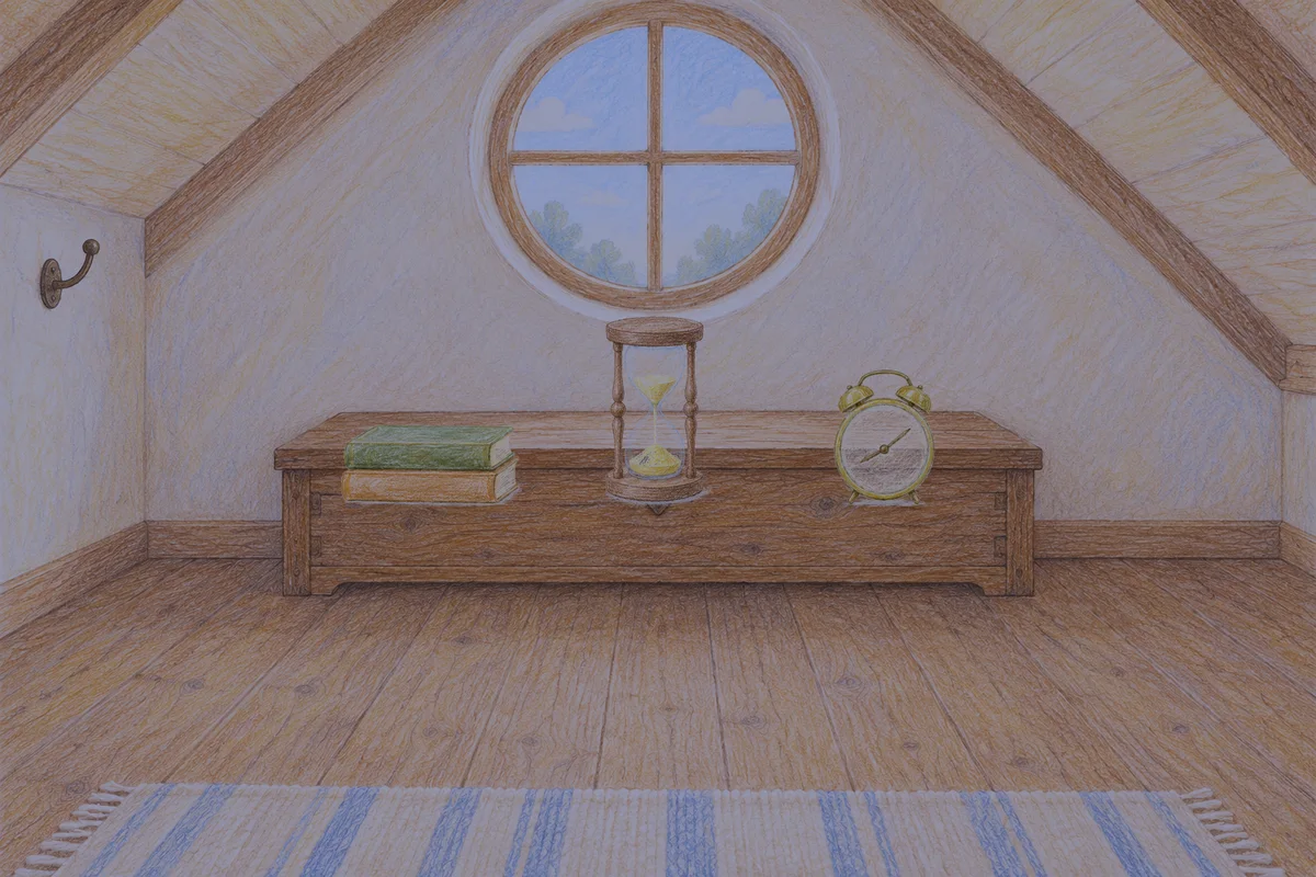 논현동 여성전용 홈케어 후기 안내 그림, 밤의 다락방 나무 궤짝 위에 놓인 책 두 권, 모래시계, 둥근 알람시계