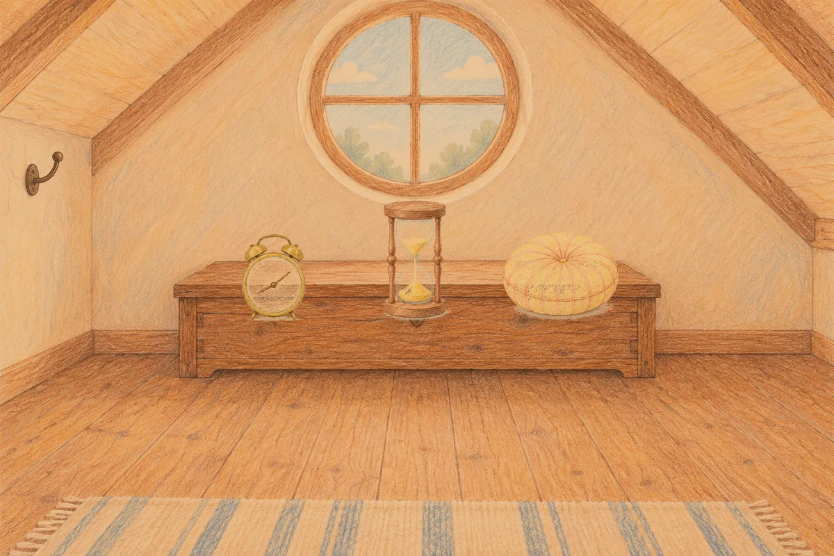 논현동 여성전용 발관리 안내 그림, 저녁의 다락방 나무 궤짝 위에 놓인 둥근 알람시계, 모래시계, 둥근 쿠션