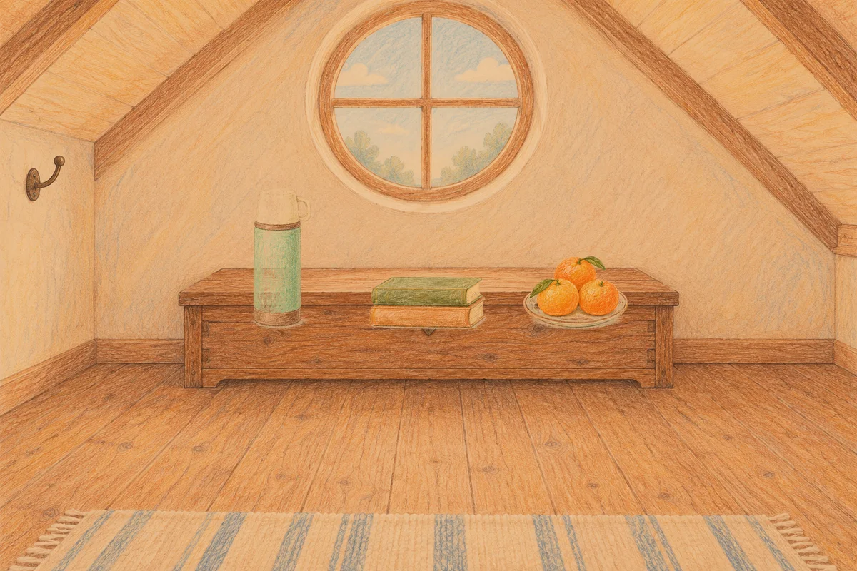 논현동 여성전용 발 부종 케어 안내 그림, 저녁의 다락방 나무 궤짝 위에 놓인 보온병, 책 두 권, 귤이 담긴 접시