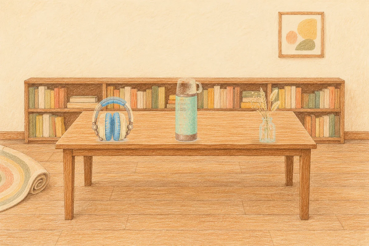 논현동 여성전용 발관리 추천 안내 그림, 낮의 서재 긴 책상 위에 놓인 헤드폰, 보온병, 마른 풀을 꽂은 항아리