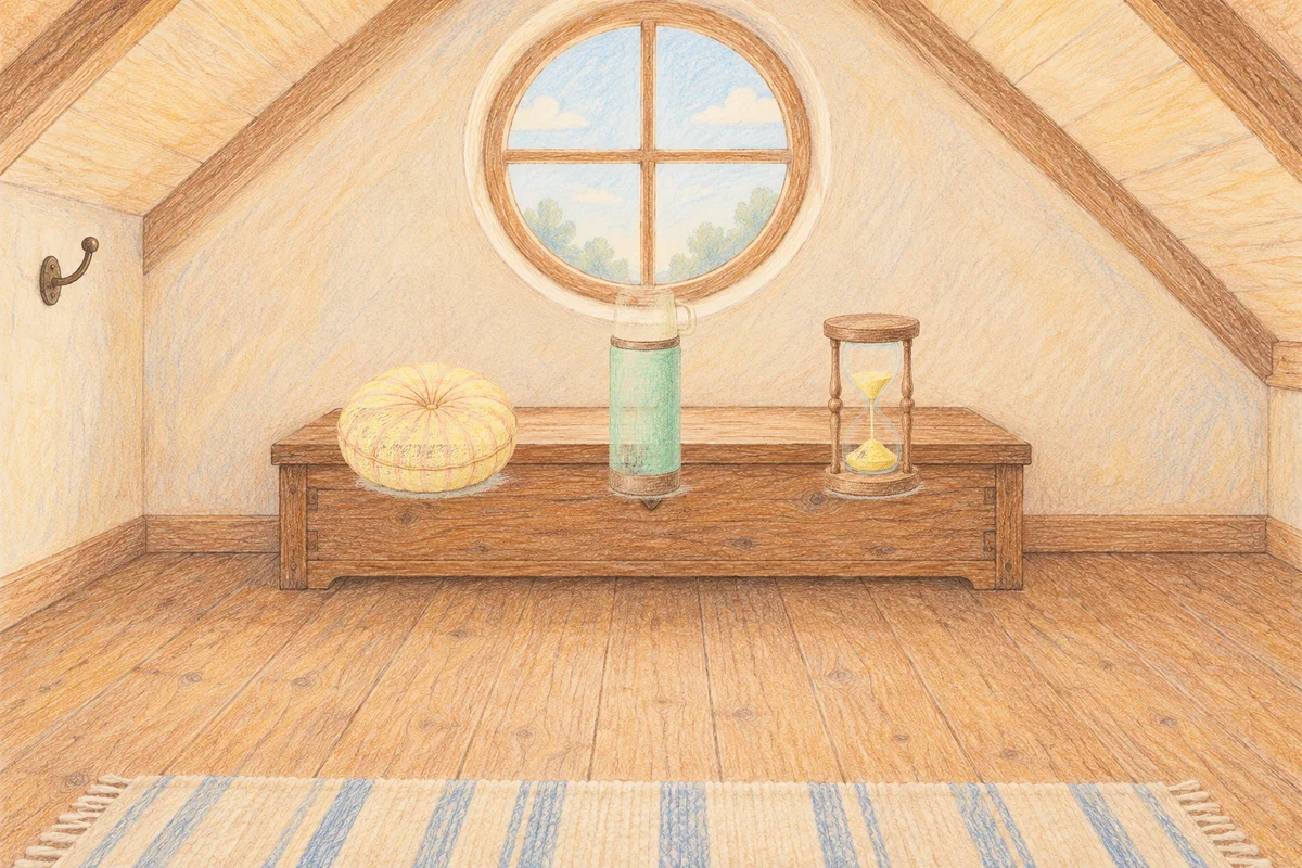 논현동 여성전용 셀룰라이트 관리 안내 그림, 낮의 다락방 나무 궤짝 위에 놓인 둥근 쿠션, 보온병, 모래시계