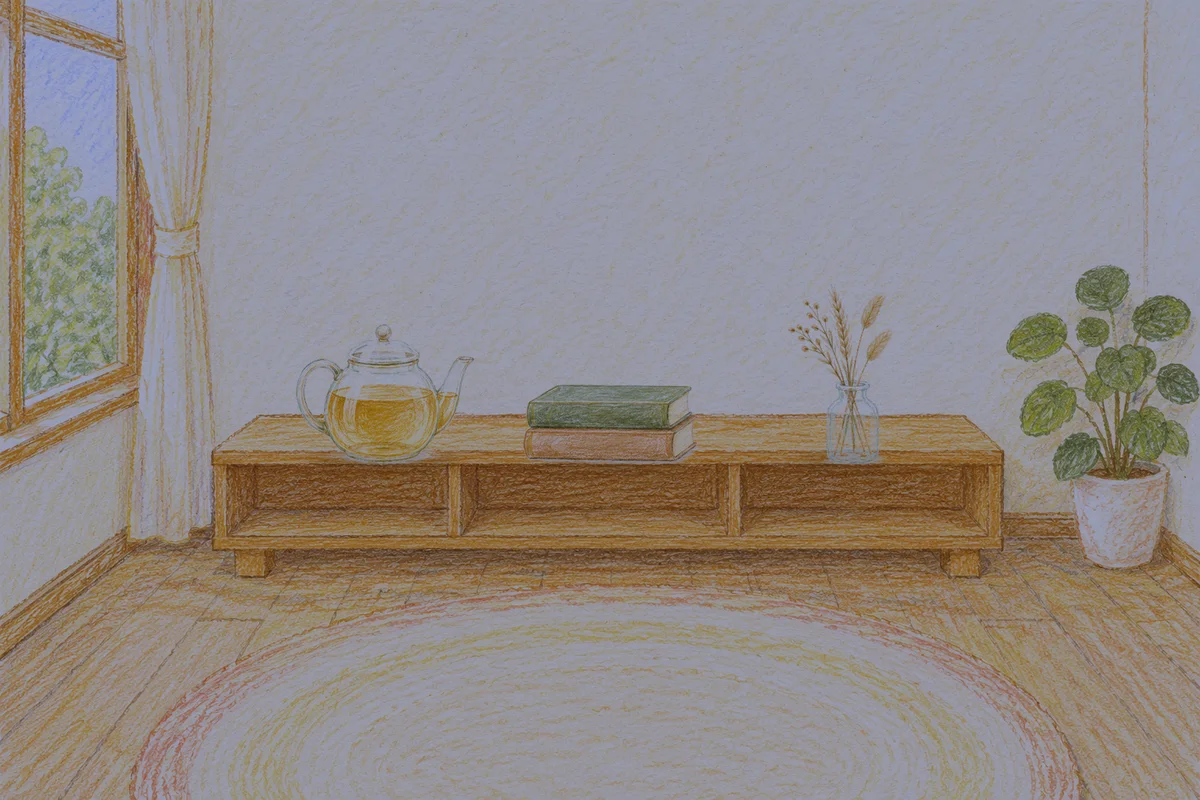 논현동 여성전용 바디 케어 안내 그림, 밤의 창가 낮은 선반 위에 놓인 유리 티포트, 책 두 권, 마른 풀을 꽂은 항아리