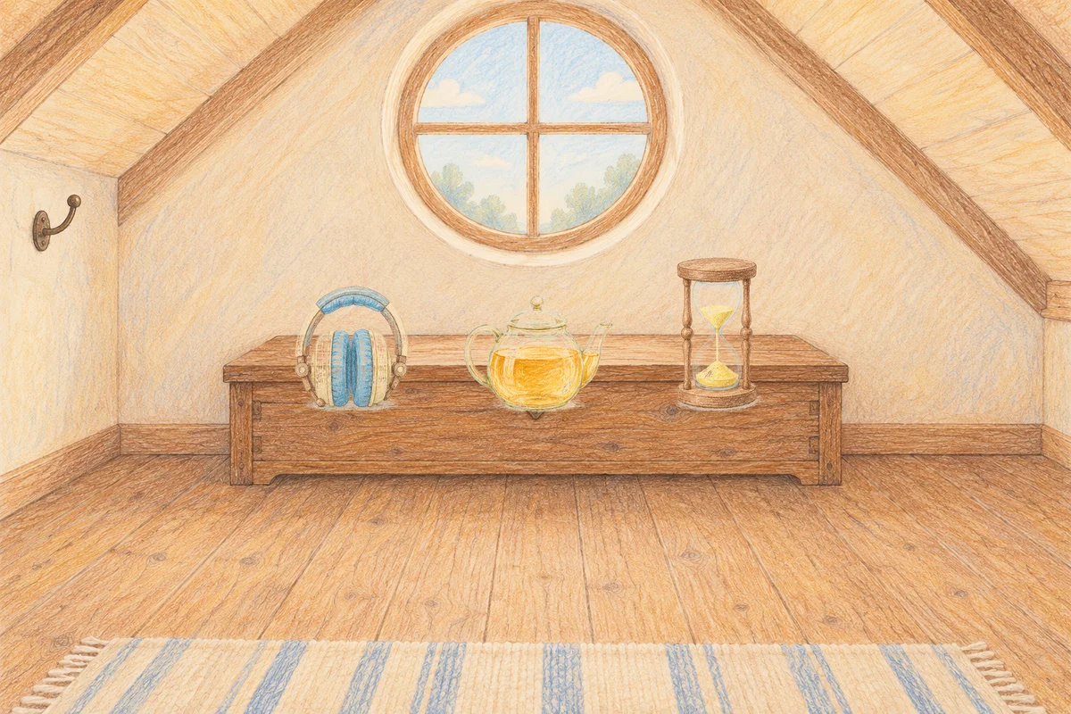 논현동 여성전용 디톡스 마사지 안내 그림, 낮의 다락방 나무 궤짝 위에 놓인 헤드폰, 유리 티포트, 모래시계